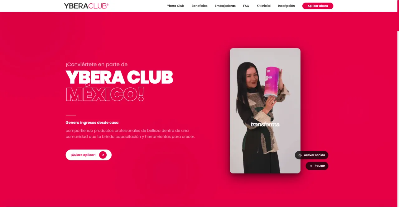 Sitio web de Ybera Club México para captación de embajadoras