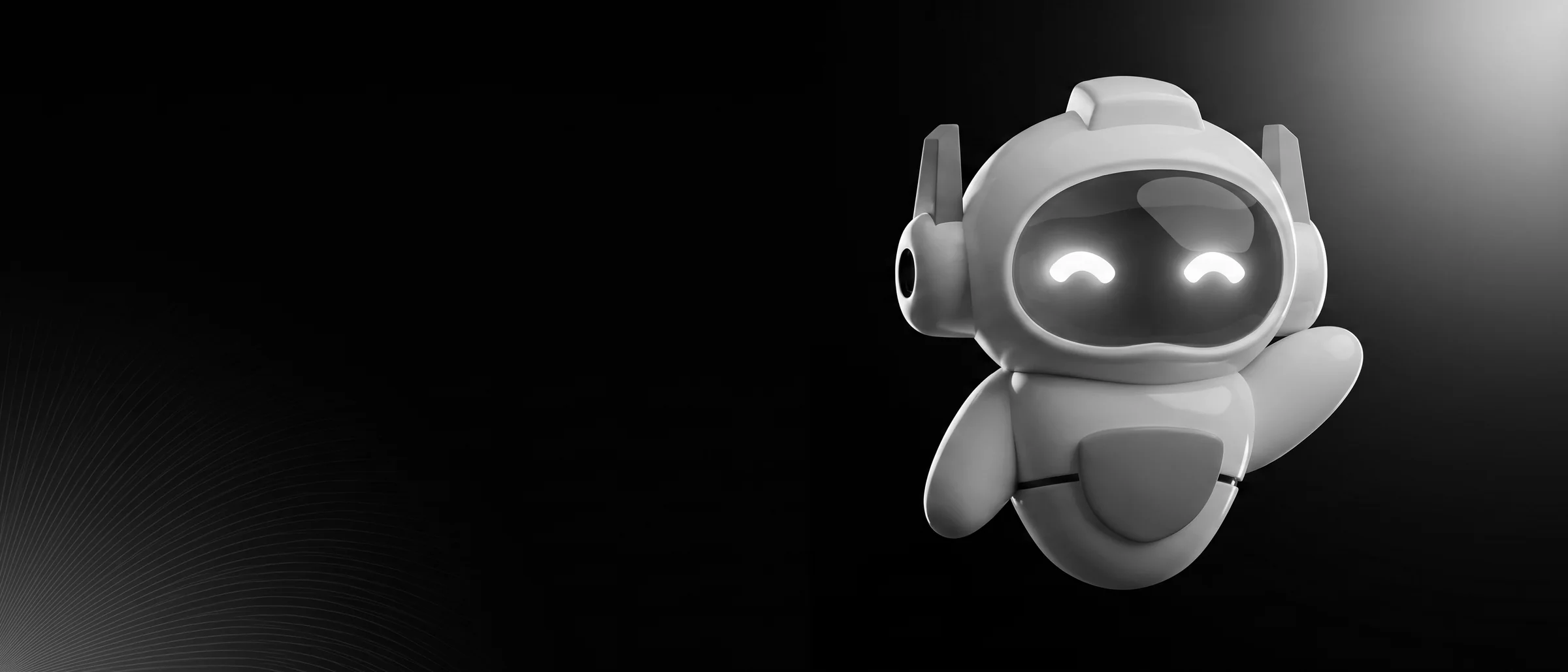 Mascota robot del agente de IA fotografiada en estudio oscuro, con el visor iluminado y expresión amable.