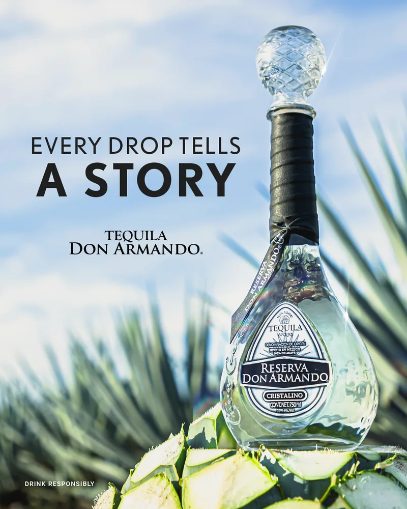 Pieza de campaña con la botella entre agaves: